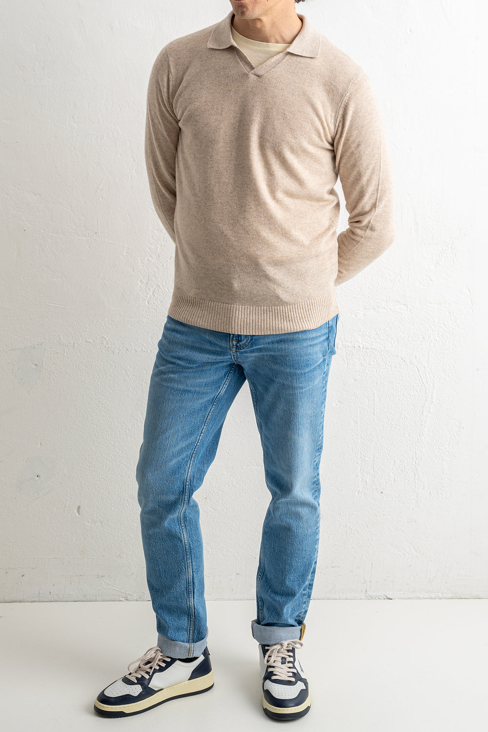 Cashmere Blend Open Polo Beige
