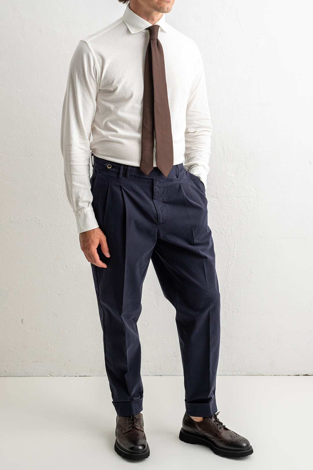 Carrot Two Pleat Cotton Trouser Navy