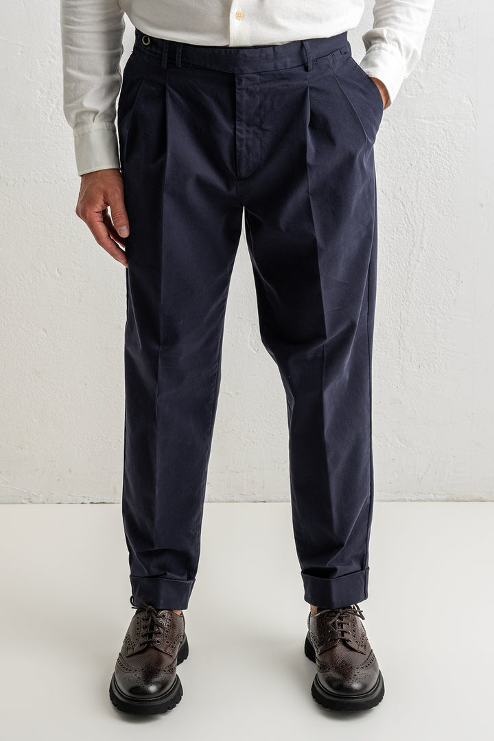 Carrot Two Pleat Cotton Trouser Navy