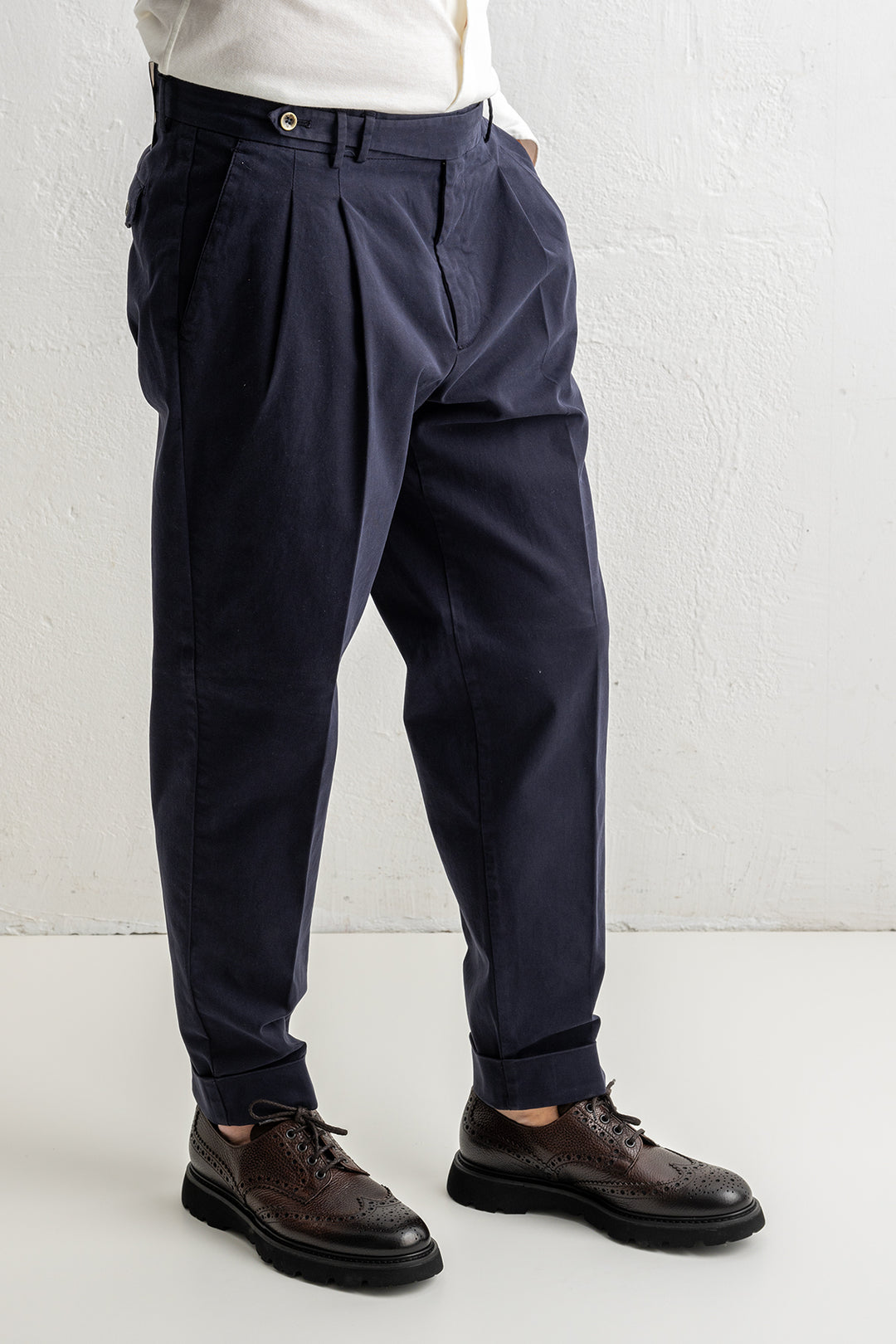 Carrot Two Pleat Cotton Trouser Navy