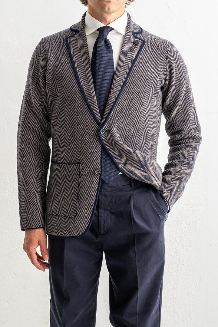 Herringbone Wool Knitwear Blazer Brown