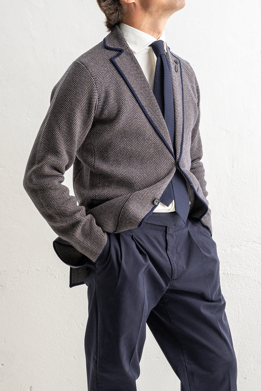 Herringbone Wool Knitwear Blazer Brown