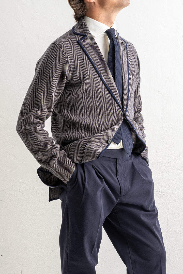 Herringbone Wool Knitwear Blazer Brown