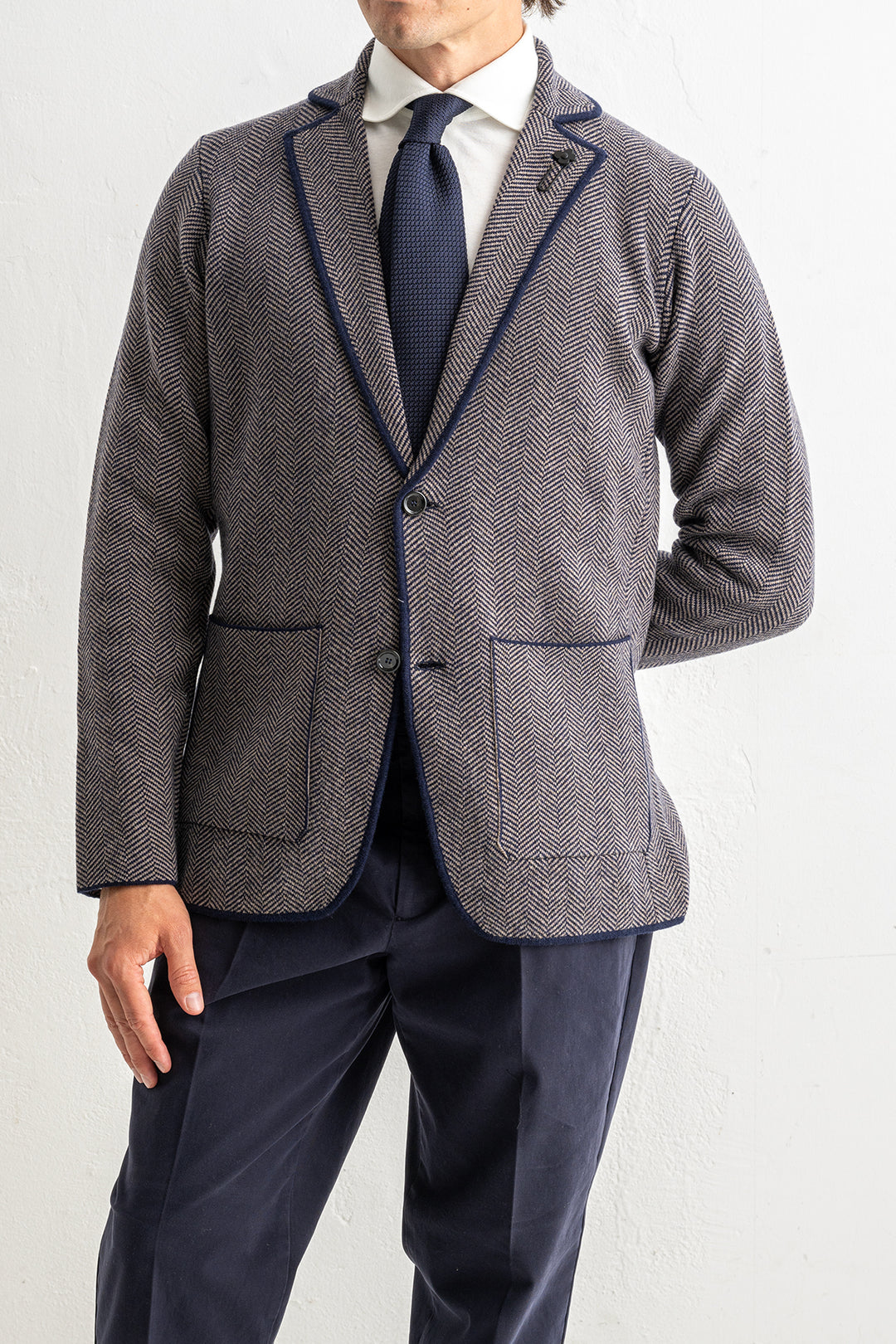 Herringbone Wool Knitwear Blazer Brown