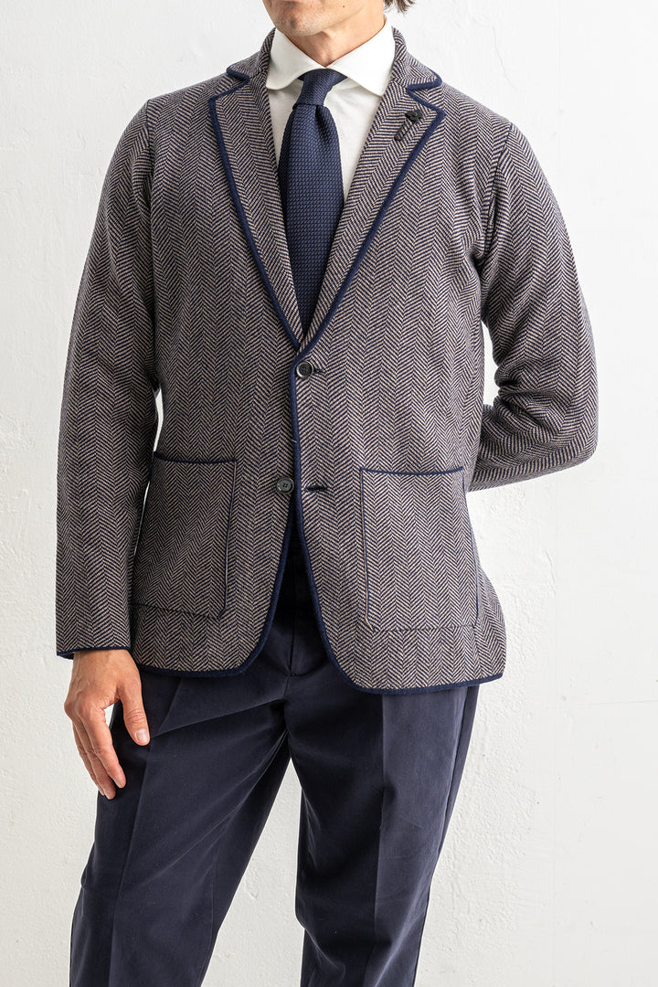 Herringbone Wool Knitwear Blazer Brown