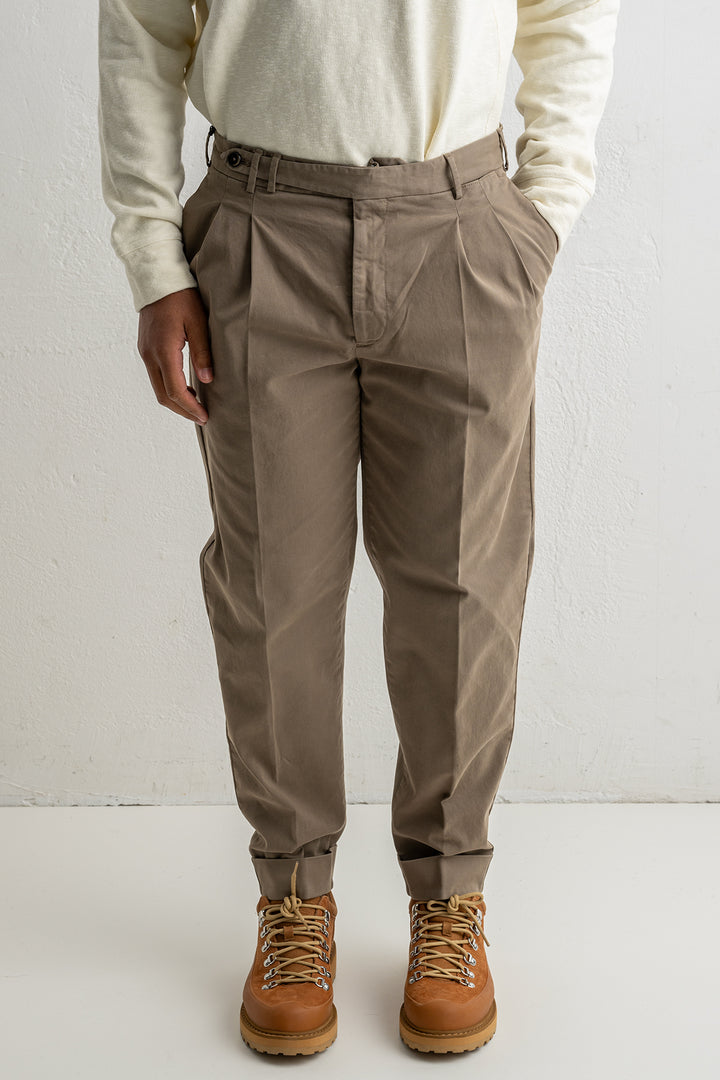 Carrot Two Pleat Cotton Trouser Khaki Brown