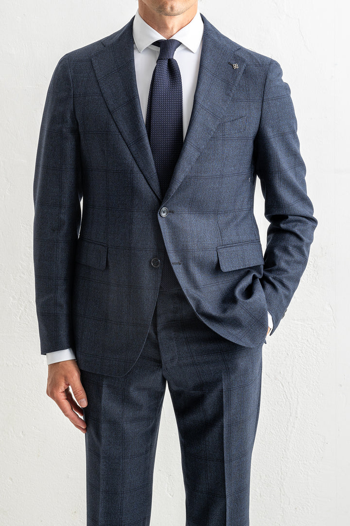 Luxury Wool Checked Suit Blue