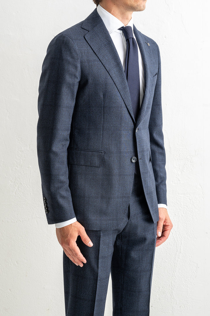 Luxury Wool Checked Suit Blue