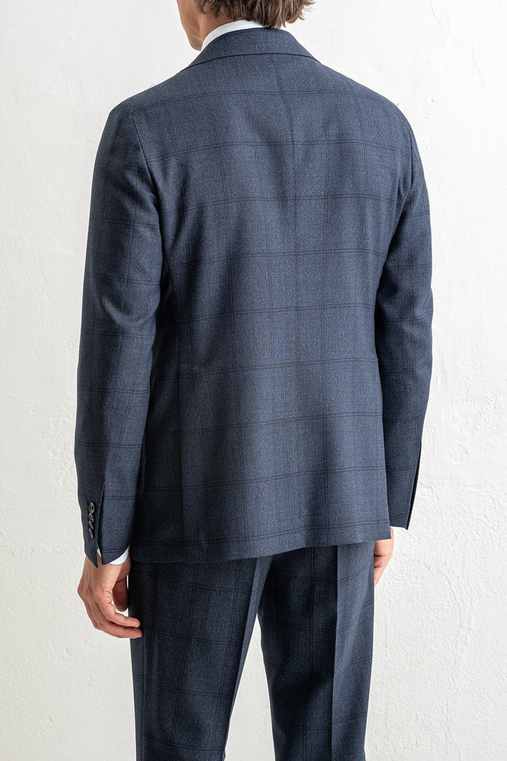 Luxury Wool Checked Suit Blue