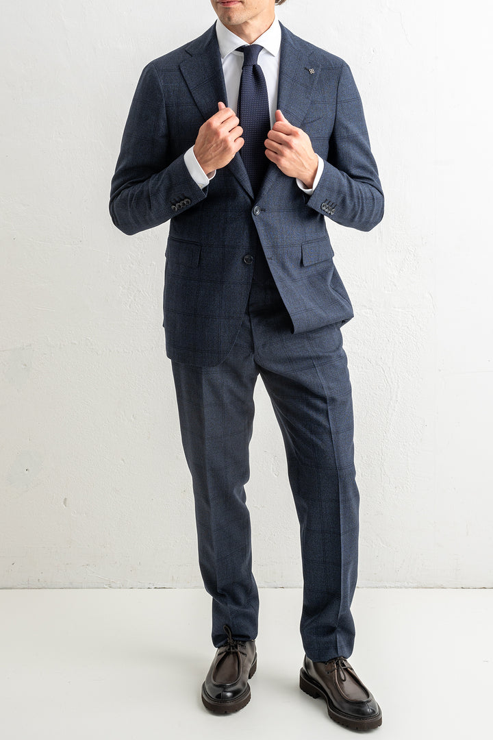Luxury Wool Checked Suit Blue