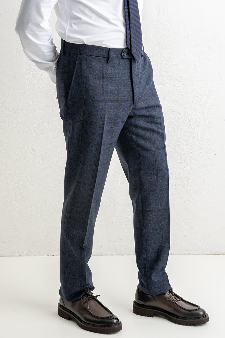Luxury Wool Checked Suit Blue