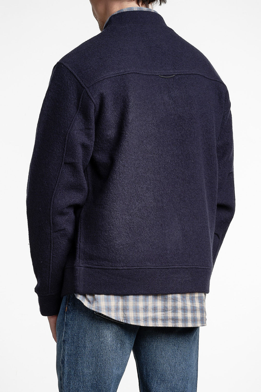 Seaham Boiled Wool Cardigan Navy – Cesar Equipment, från sidan