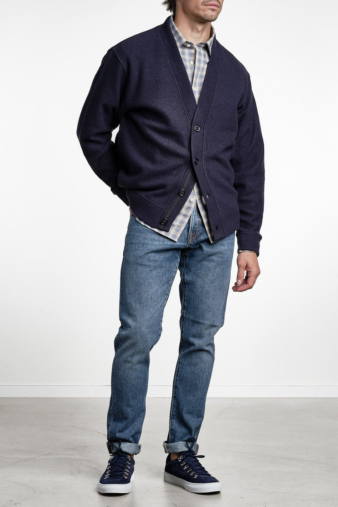 Seaham Boiled Wool Cardigan Navy – Cesar Equipment, detaljbild
