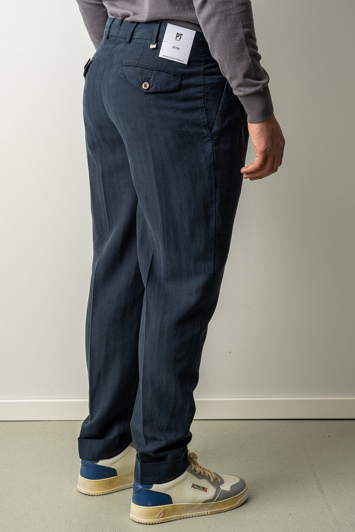Carrot Two Pleat Cotton Linen Trouser Navy