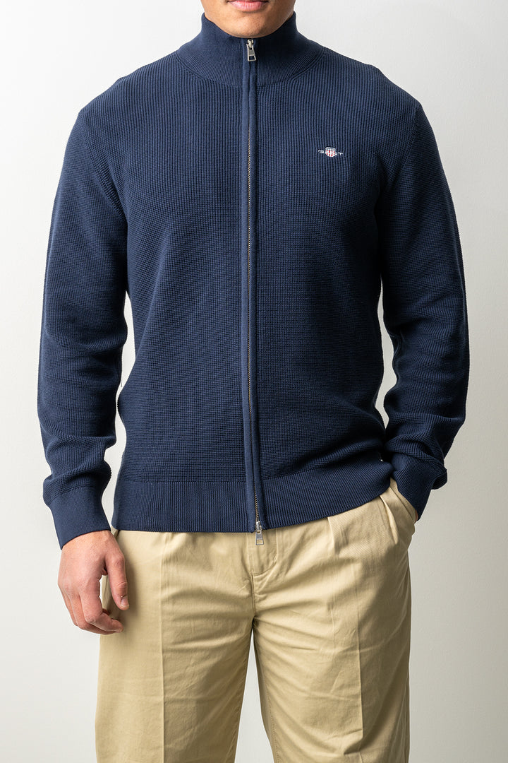 Micro Textured Cotton Zip Cardigan Evening Blue