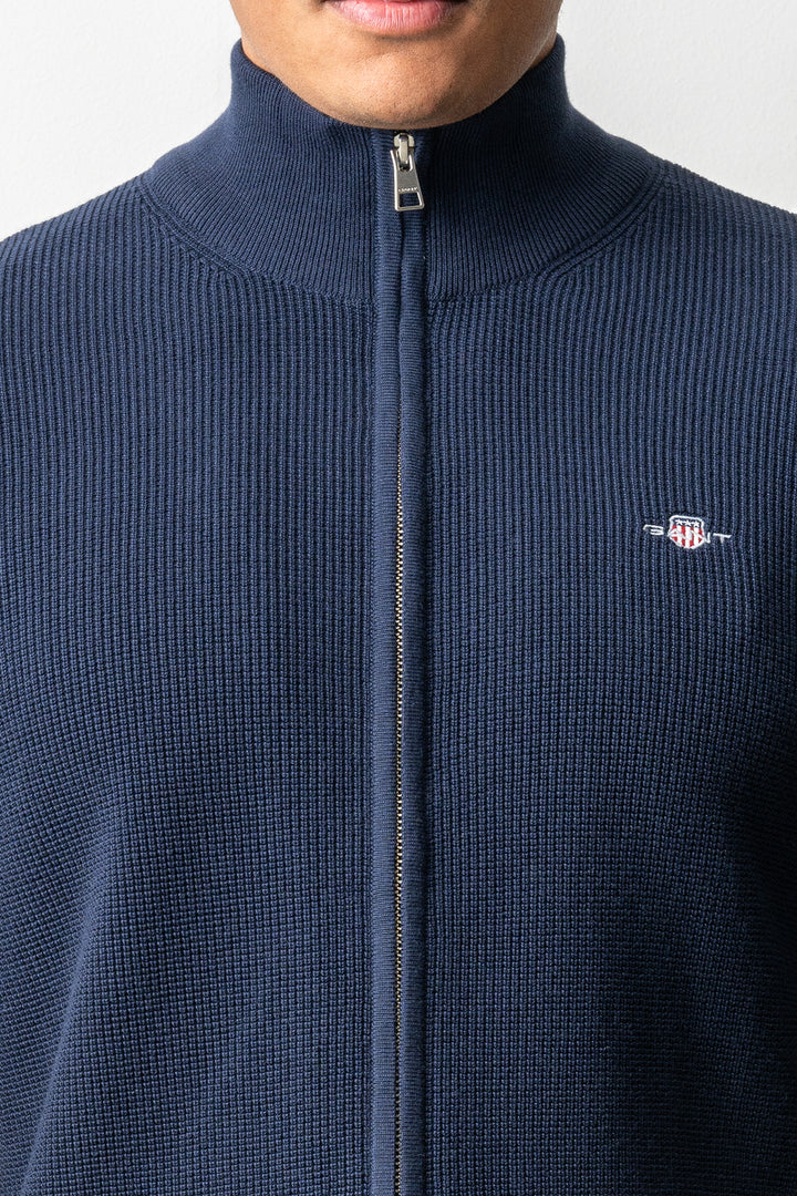 Micro Textured Cotton Zip Cardigan Evening Blue