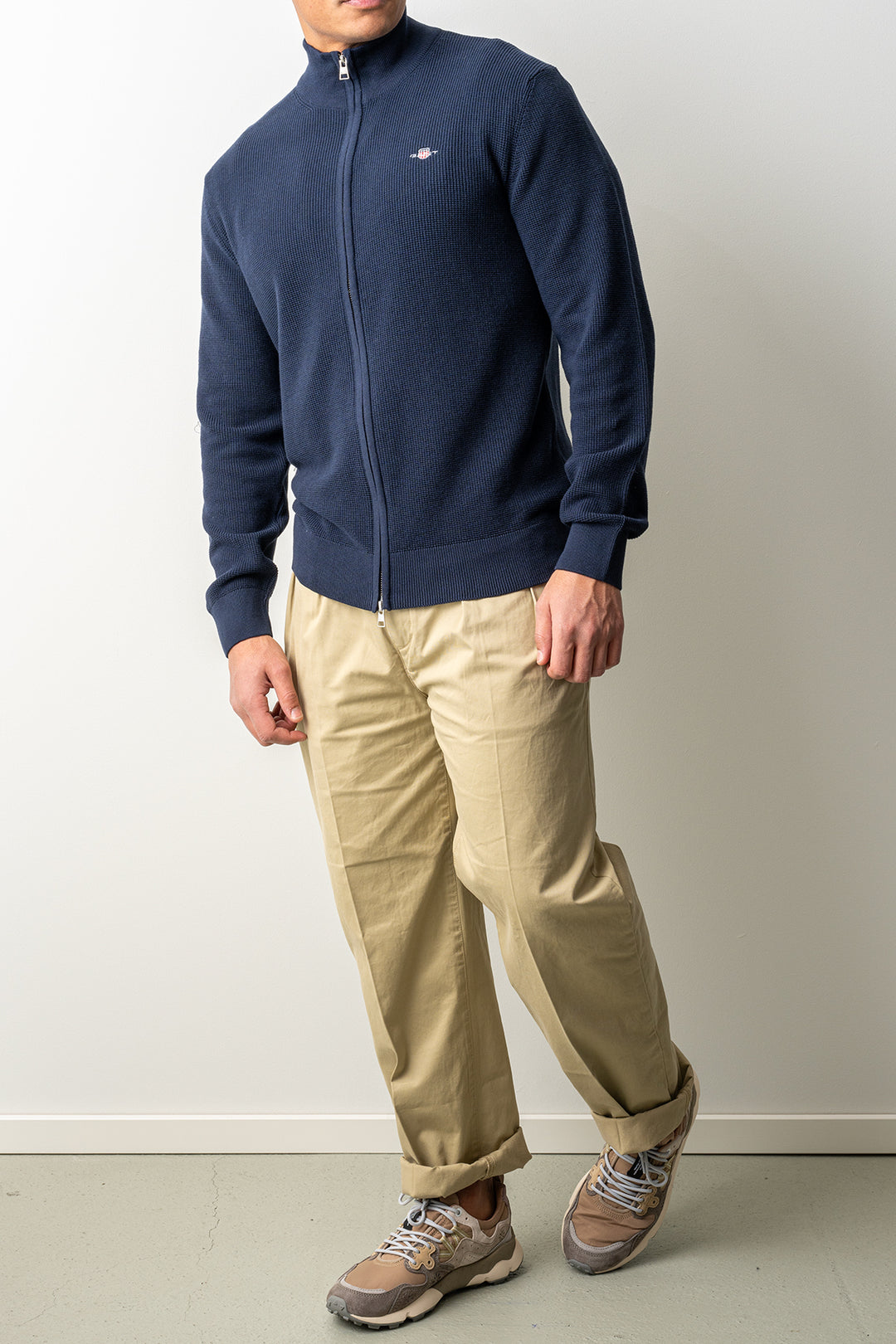 Micro Textured Cotton Zip Cardigan Evening Blue