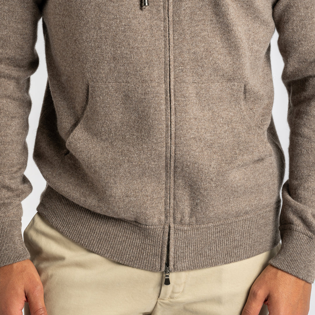 Luxury Wool Cashmere Hoodie With Zip Taupe