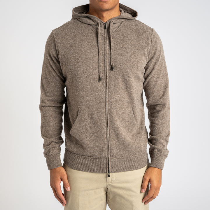 Luxury Wool Cashmere Hoodie With Zip Taupe