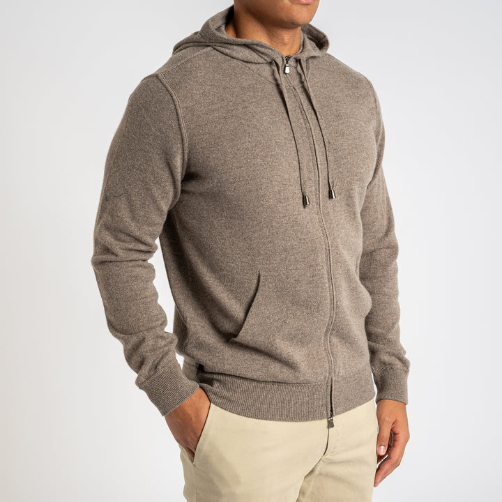 Luxury Wool Cashmere Hoodie With Zip Taupe