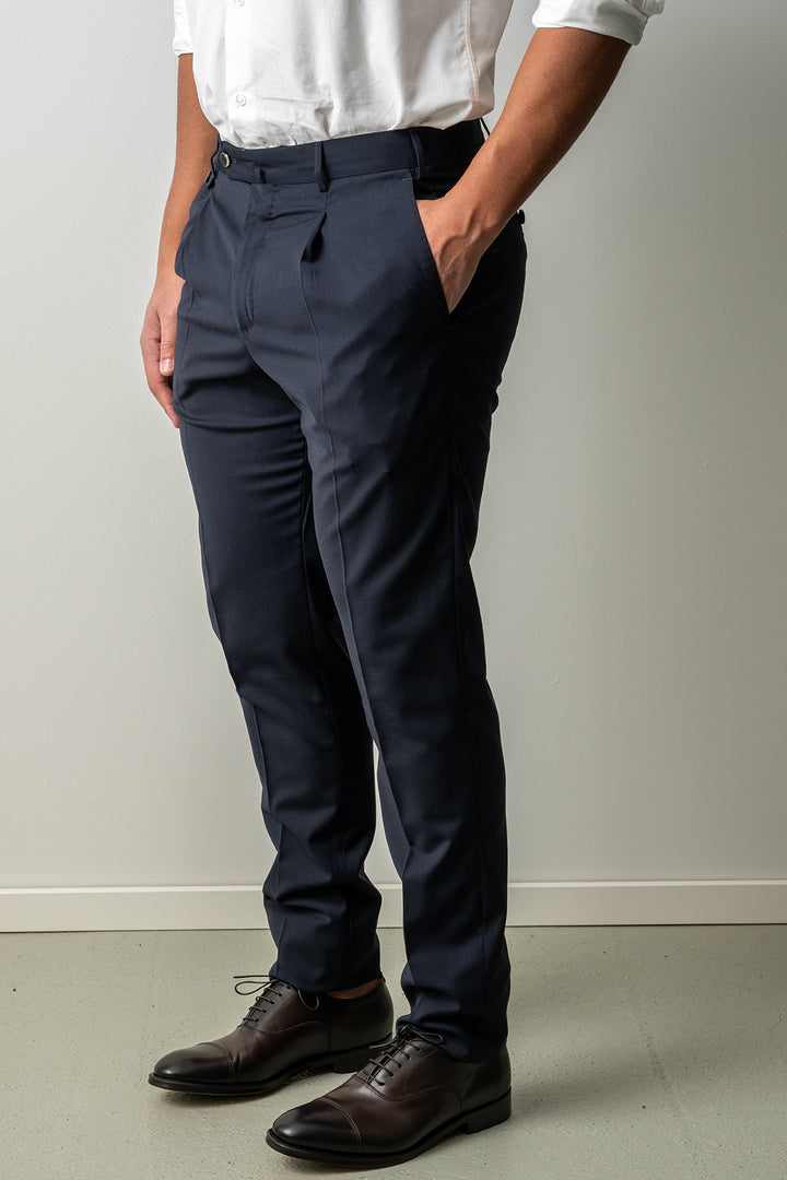 Gentleman One Pleat Wool Trouser Navy
