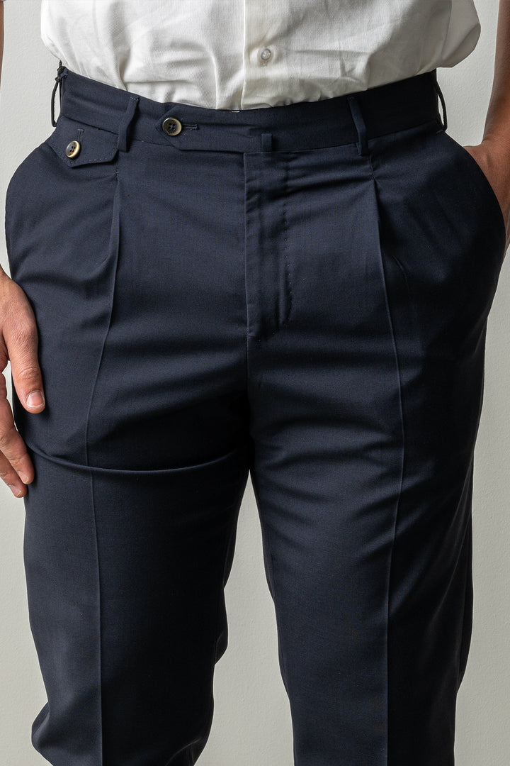 Gentleman One Pleat Wool Trouser Navy