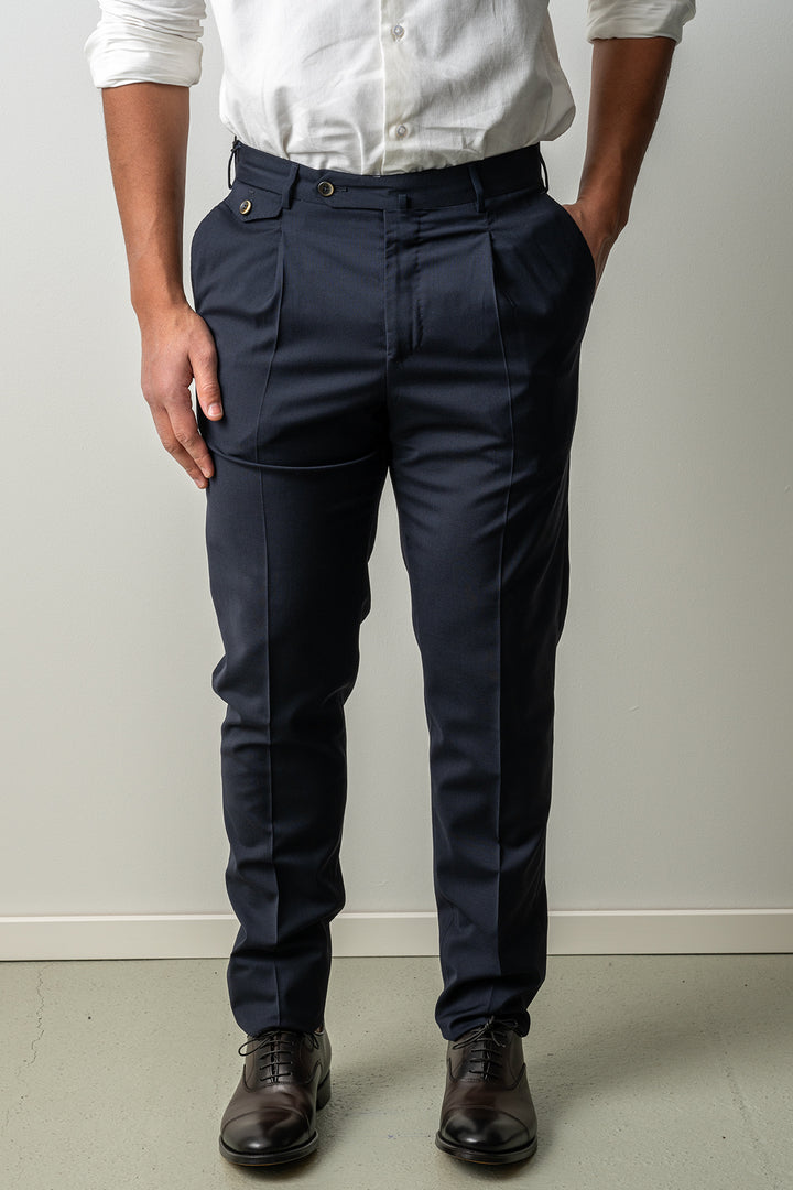 Gentleman One Pleat Wool Trouser Navy