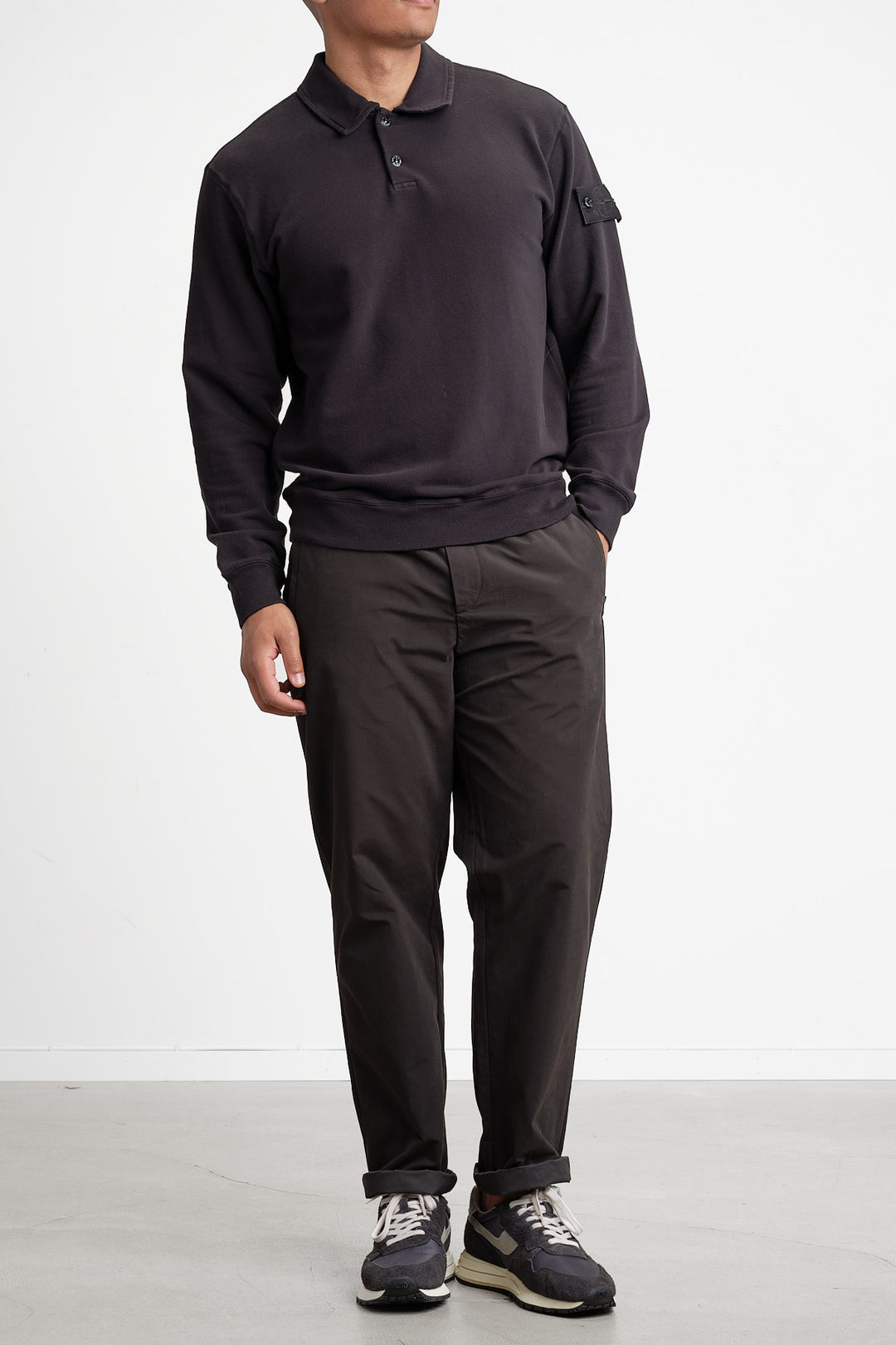 Ghost Piece Fleece Long Sleeve Polo Black