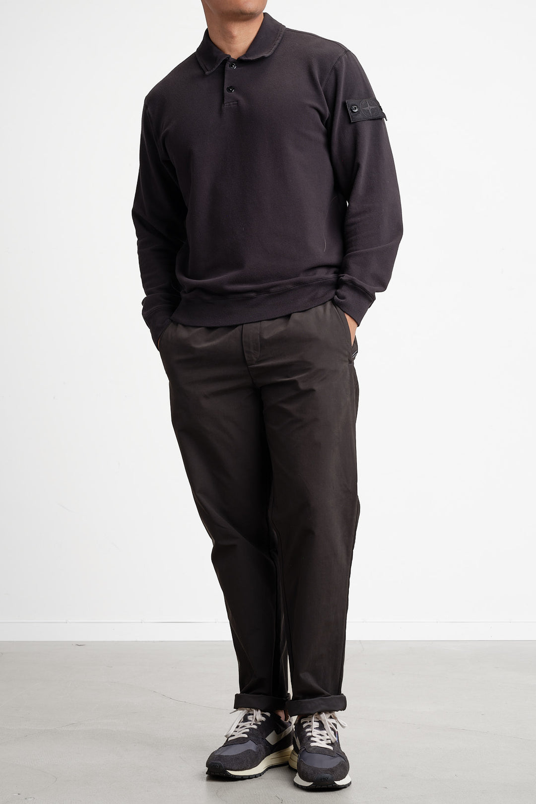 Ghost Piece Fleece Long Sleeve Polo Black