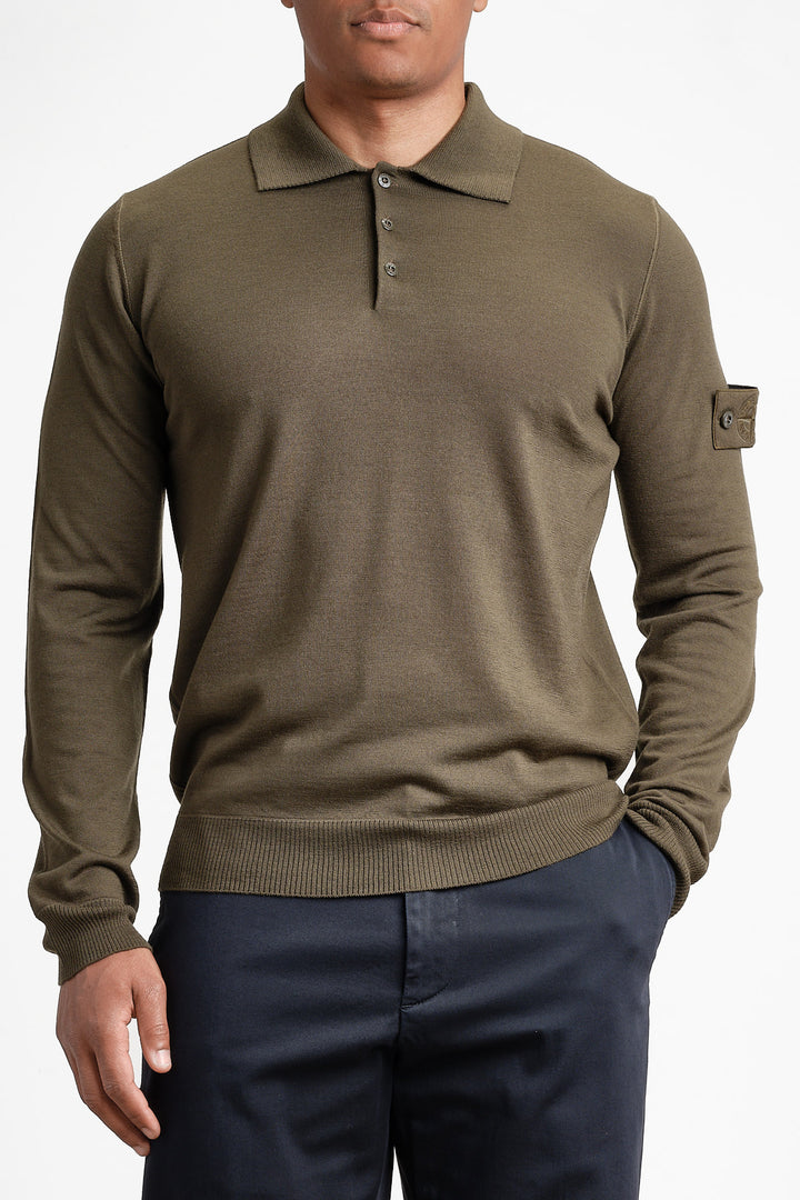 Ghost Piece Light Pure Wool Long Sleeve Polo Green