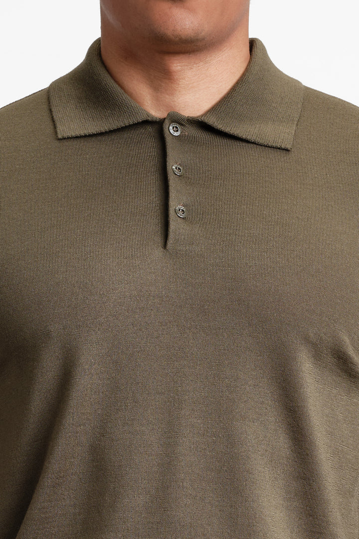 Ghost Piece Light Pure Wool Long Sleeve Polo Green
