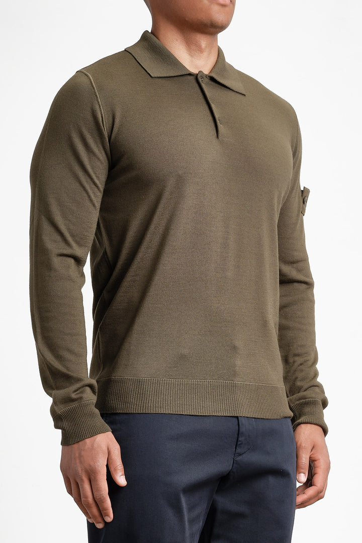 Ghost Piece Light Pure Wool Long Sleeve Polo Green