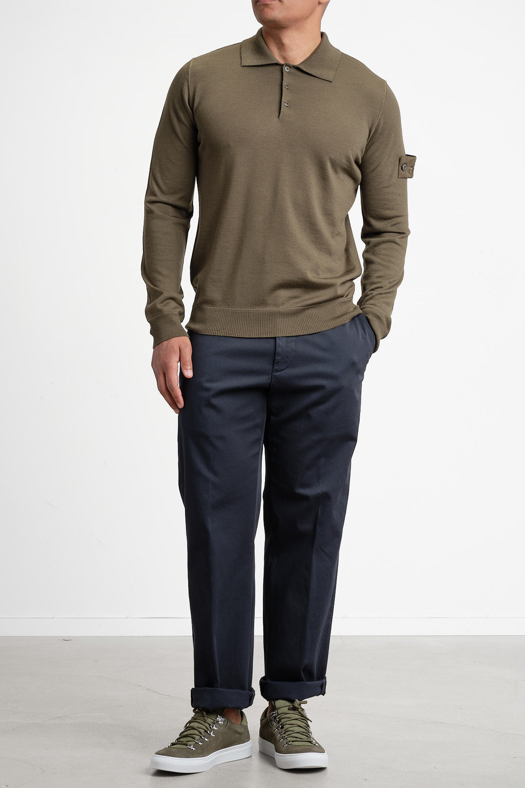Ghost Piece Light Pure Wool Long Sleeve Polo Green