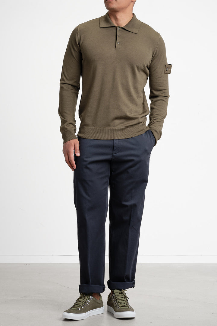 Ghost Piece Light Pure Wool Long Sleeve Polo Green