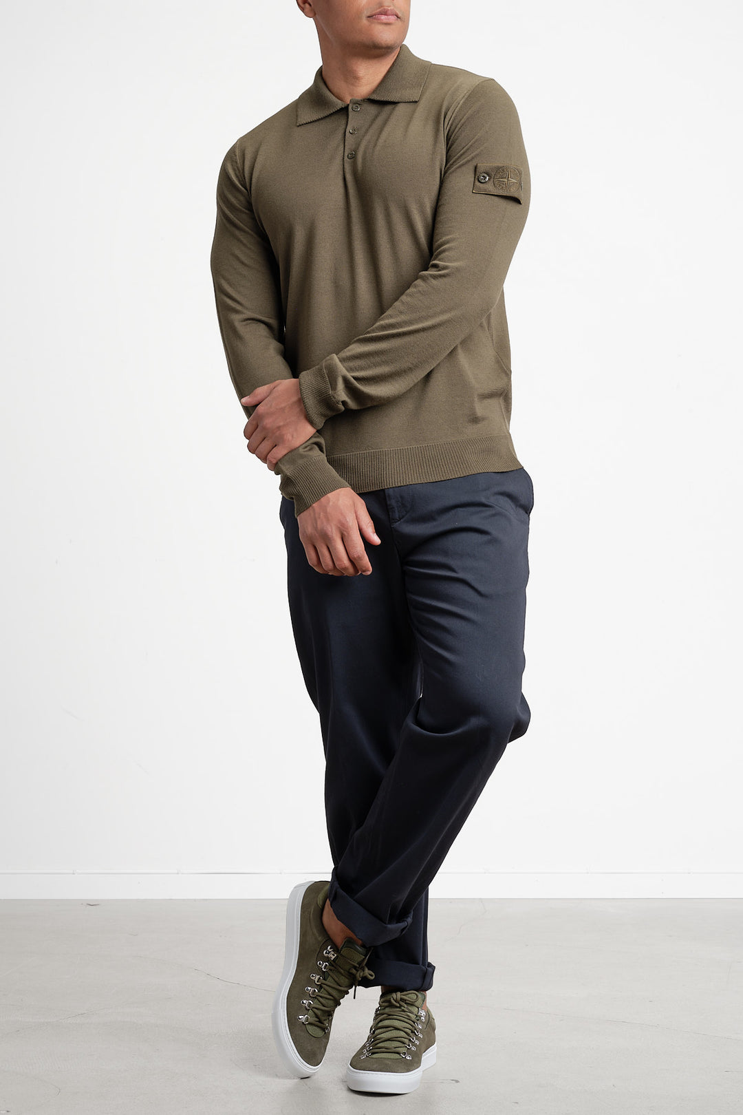 Ghost Piece Light Pure Wool Long Sleeve Polo Green