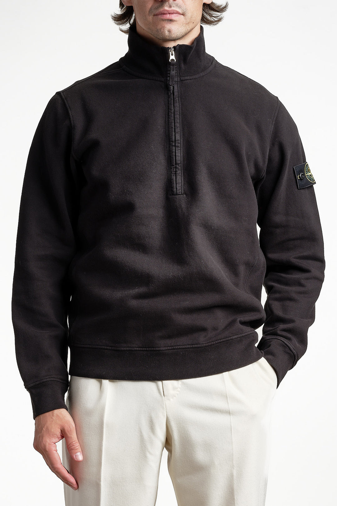 Brushed Fleece Long Sleeve Polo Black – Stone Island, framifrån