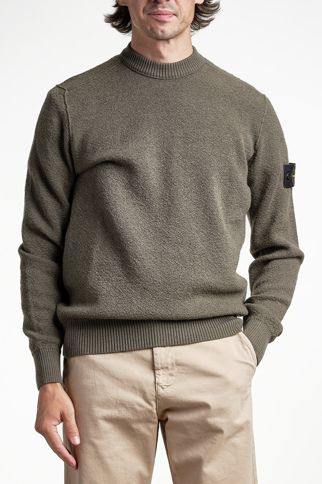 Textured Stitch Pure Wool Crew Neck Knit Military Green – Stone Island, framifrån