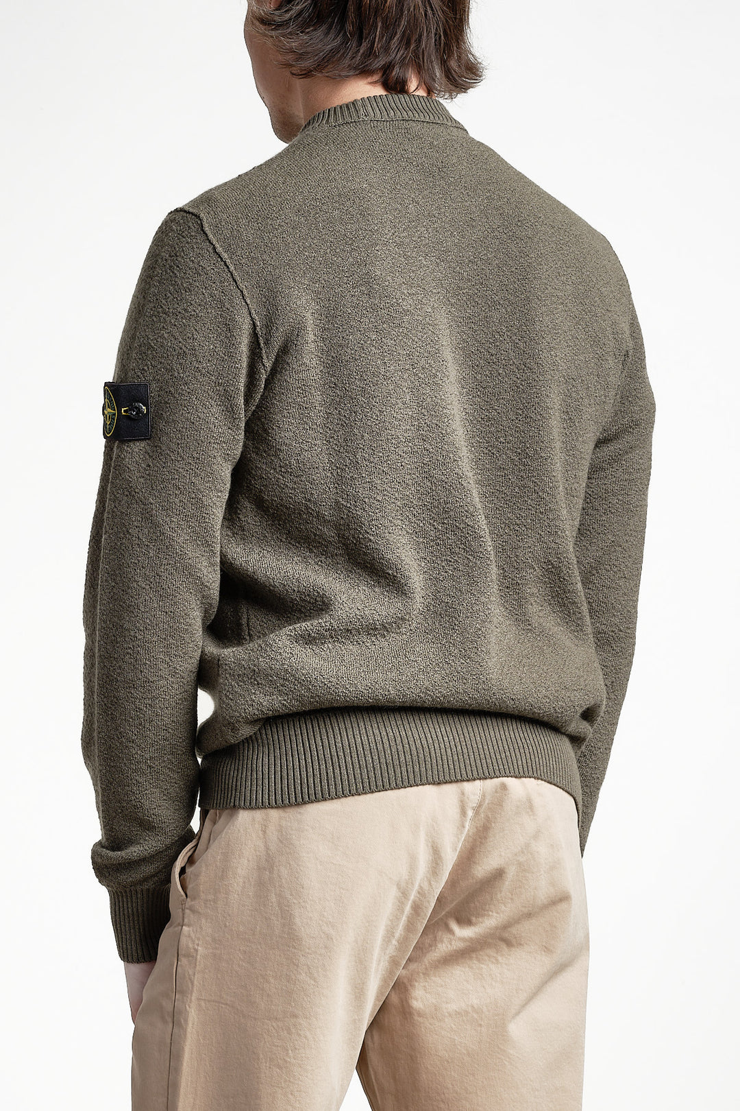 Textured Stitch Pure Wool Crew Neck Knit Military Green – Stone Island, bakifrån
