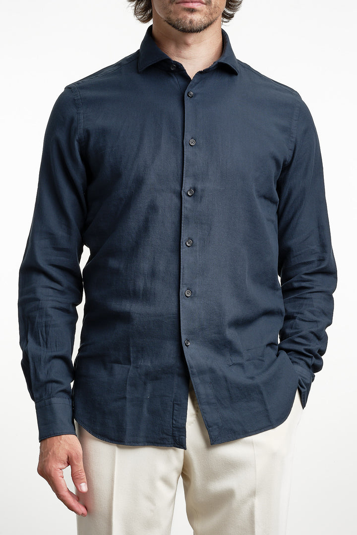Luxury Garment Dyed Flannel Shirt Navy – Xacus, framifrån