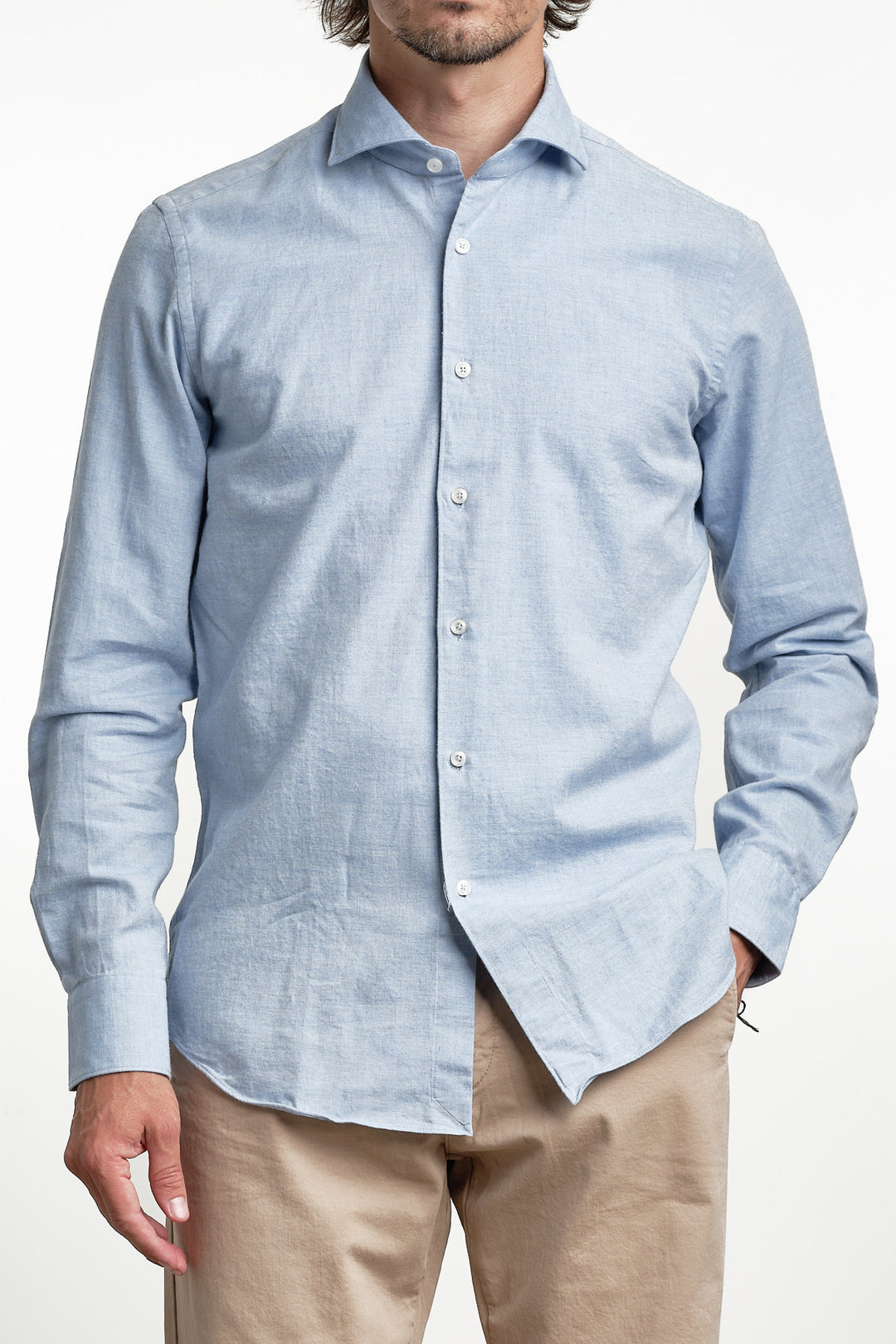 Yarn Dyed Flannel Shirt Light Blue – Xacus, framifrån