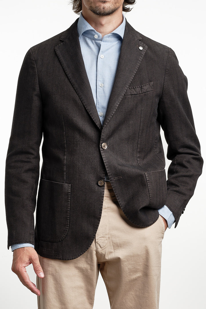 Cotton Garment Dyed Herringbone Blazer Dark Brown – L.B.M. 1911, framifrån