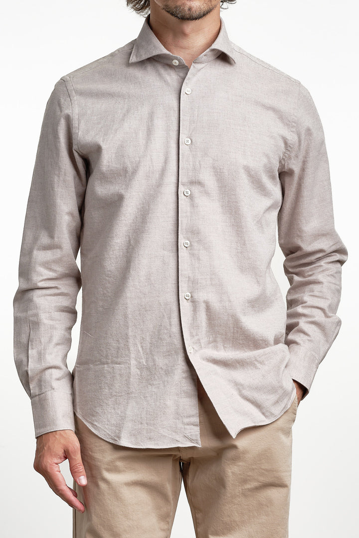 Yarn Dyed Flannel Shirt Beige – Xacus, framifrån
