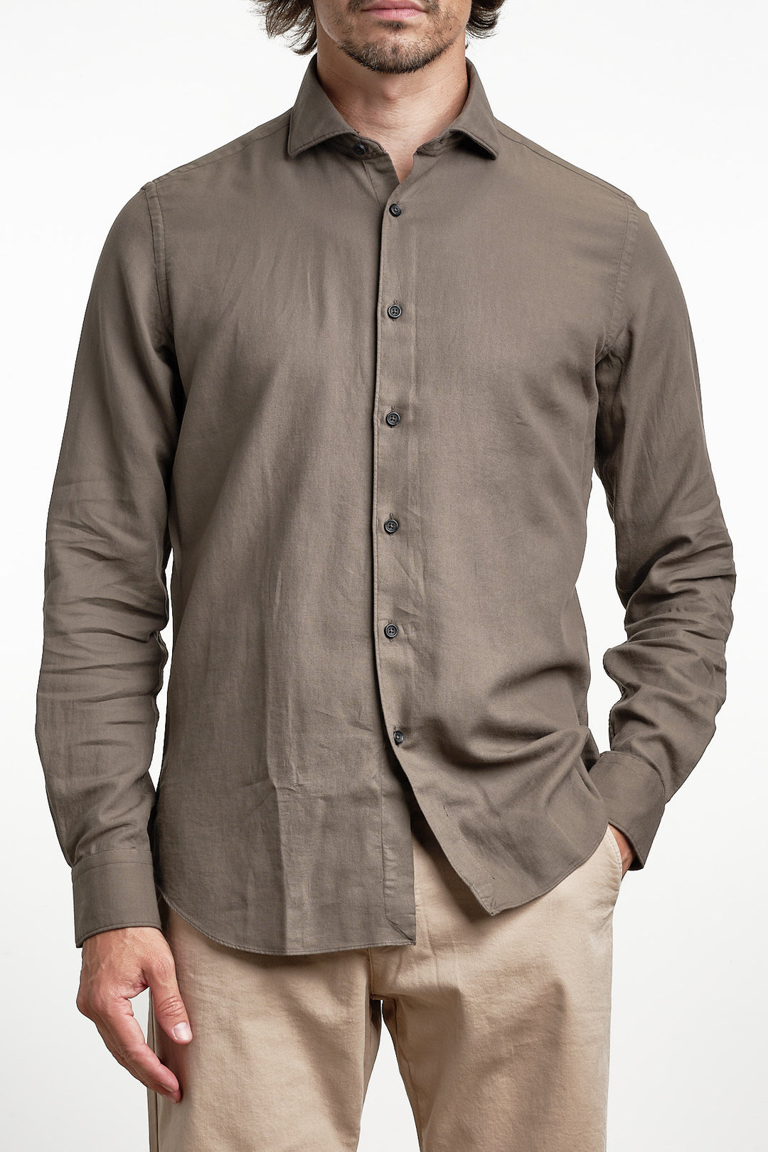 Luxury Garment Dyed Flannel Shirt Brown – Xacus, framifrån