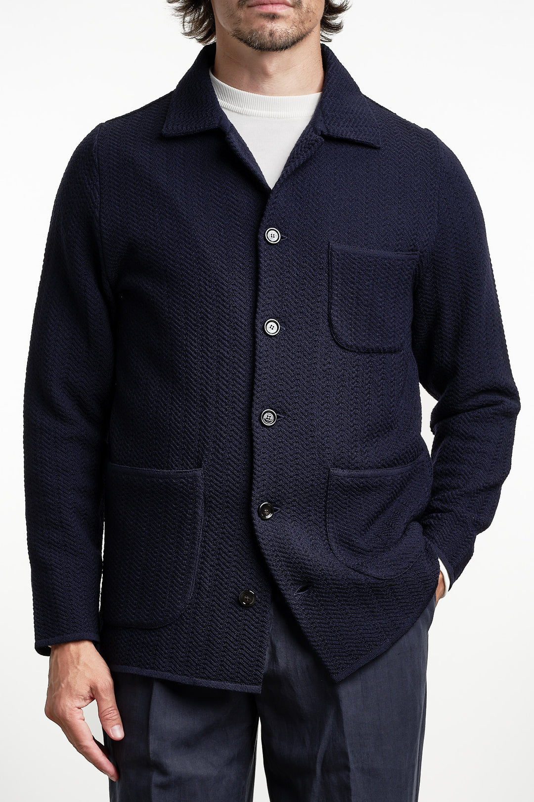 Herringbone Knitwear Overshirt Navy – Lardini, framifrån
