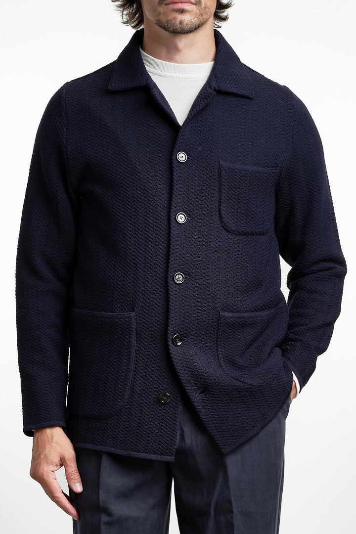 Herringbone Knitwear Overshirt Navy – Lardini, framifrån