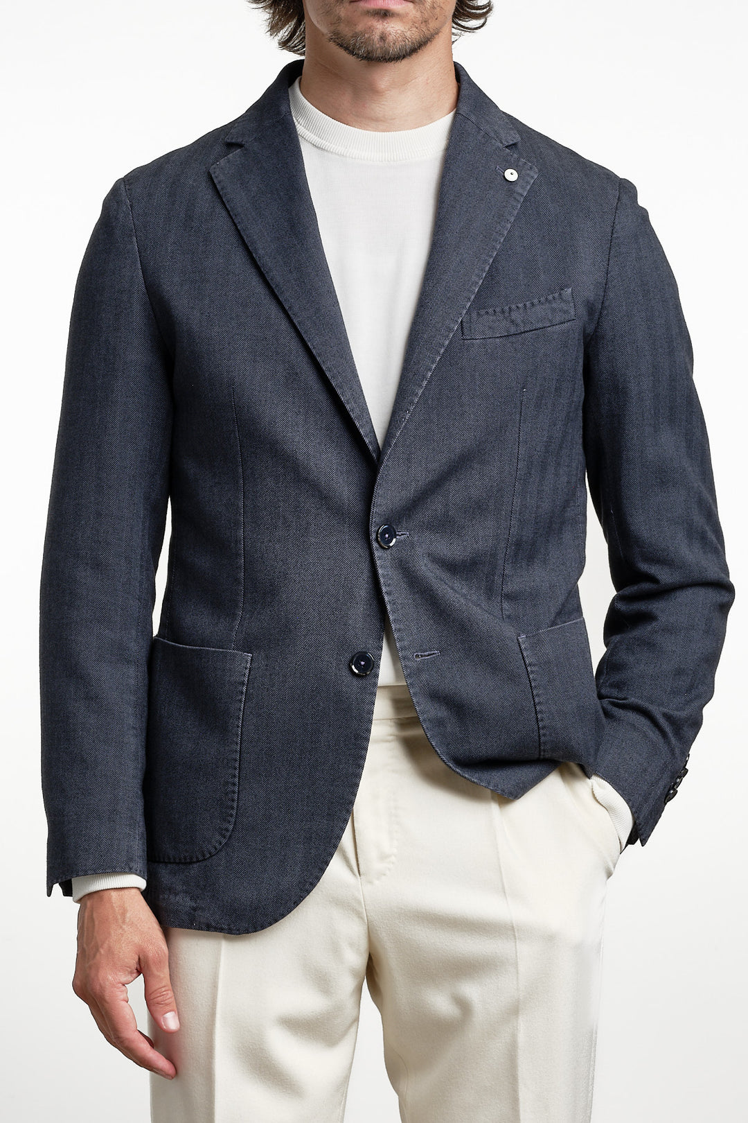 Cotton Garment Dyed Herringbone Blazer Navy – L.B.M. 1911, framifrån