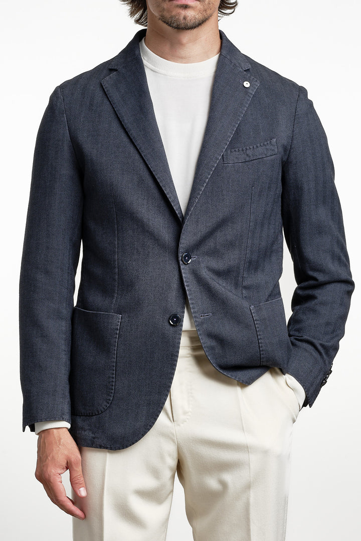 Cotton Garment Dyed Herringbone Blazer Navy – L.B.M. 1911, framifrån