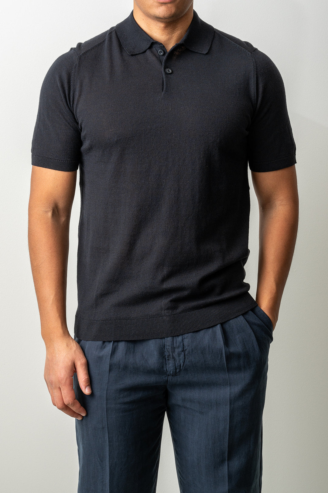 Knitted Button Polo SS Black