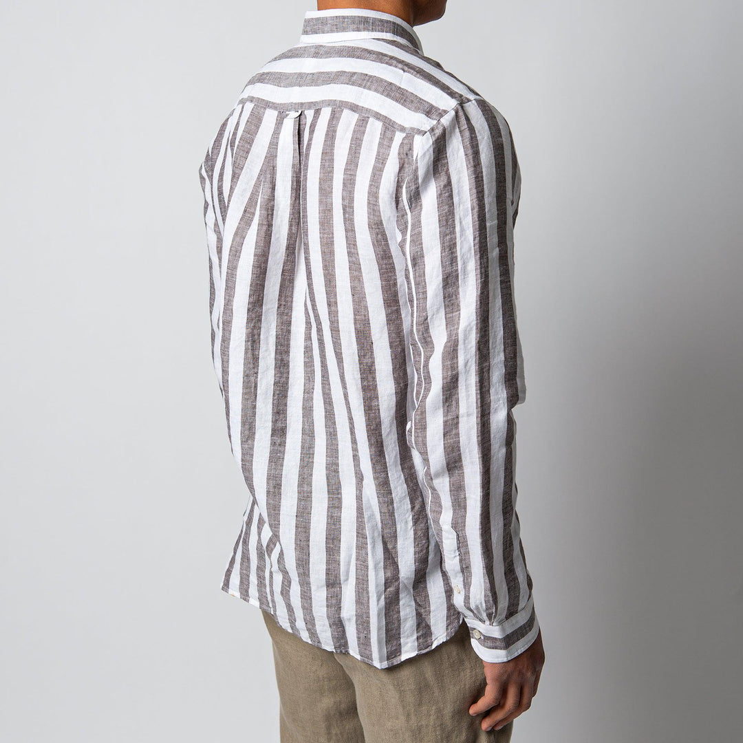 BLOCK STRIPE LINEN SHIRT DARK BROWN