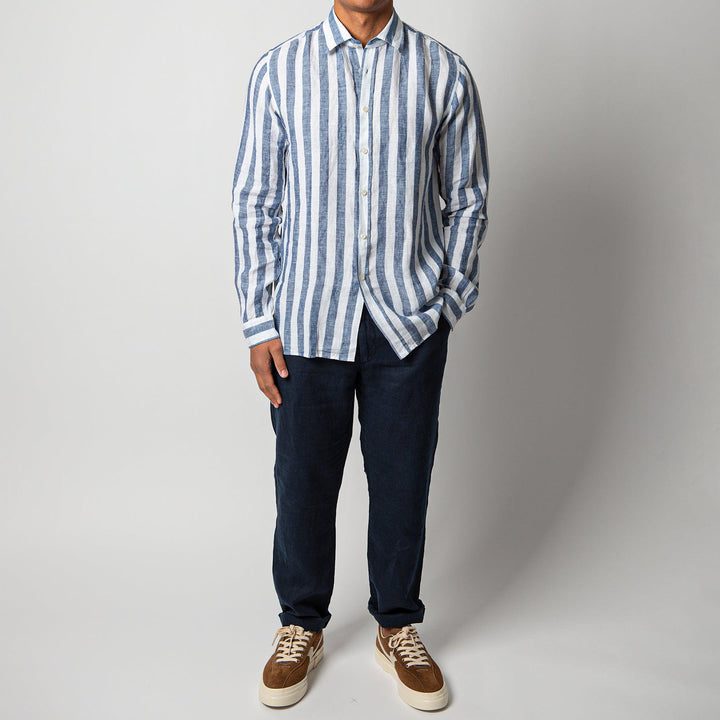 BLOCK STRIPE LINEN SHIRT BLUE